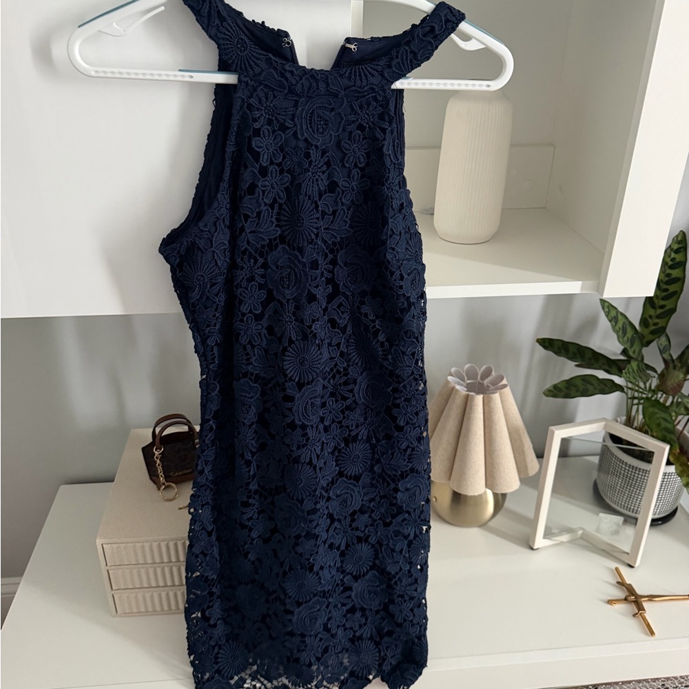 Lulu's Navy Floral Lace Halter Midi Dress
